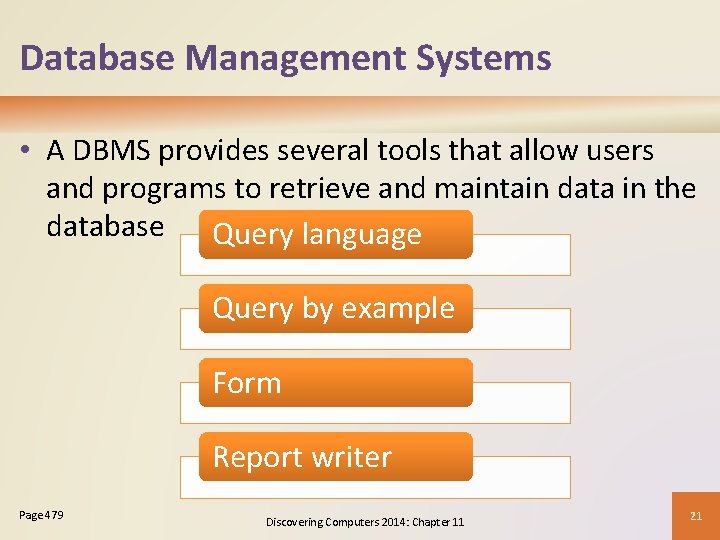 Database Management Systems • A DBMS provides several tools that allow users and programs