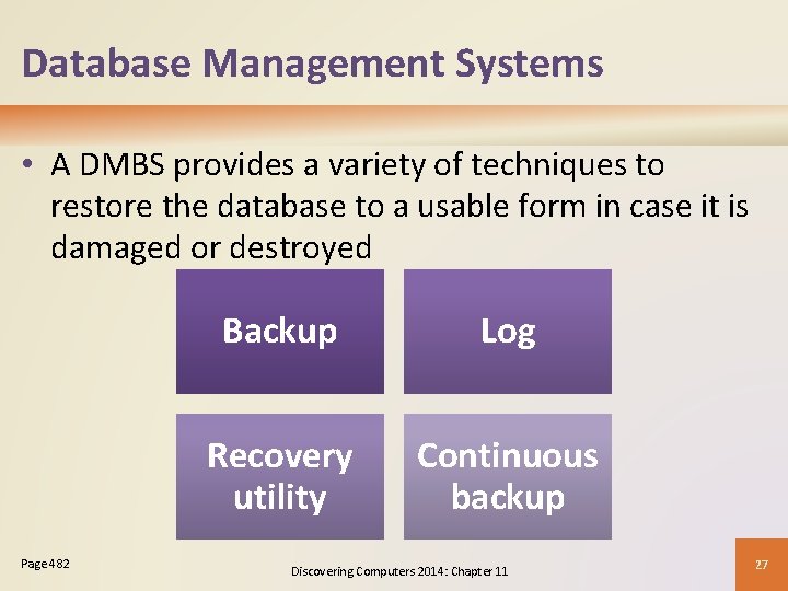 Database Management Systems • A DMBS provides a variety of techniques to restore the