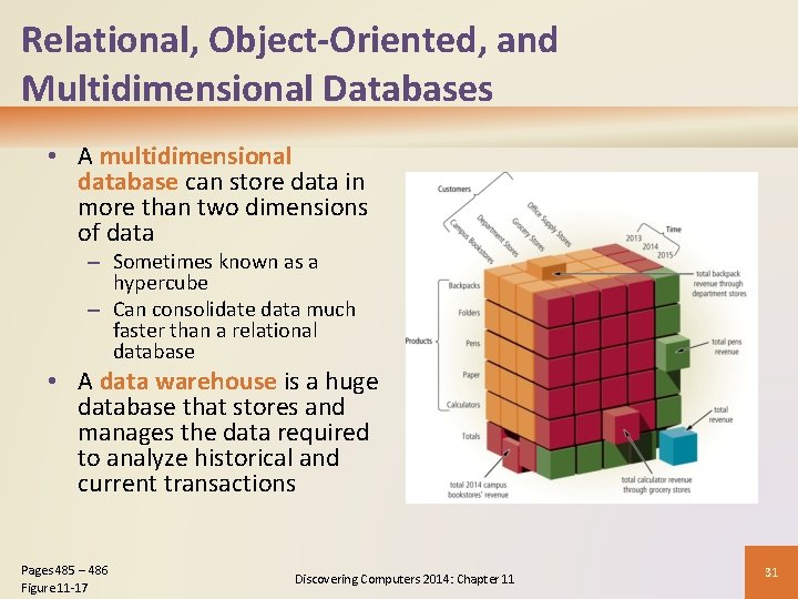 Relational, Object-Oriented, and Multidimensional Databases • A multidimensional database can store data in more