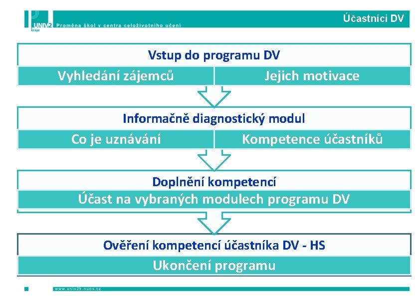 Účastníci DV Vstup do programu DV Vyhledání zájemců Jejich motivace Informačně diagnostický modul Co