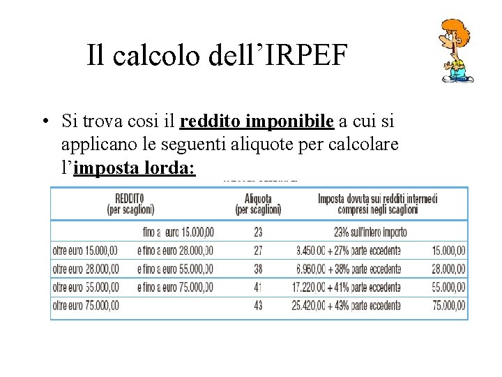 Il calcolo dell’IRPEF • Si trova cosi il reddito imponibile a cui si applicano