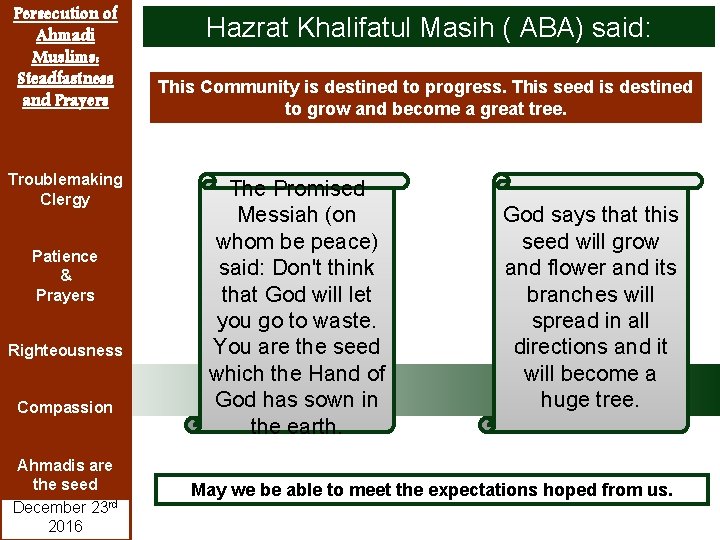 Persecution of Ahmadi Muslims: Steadfastness and Prayers Troublemaking Clergy Patience & Prayers Righteousness Compassion