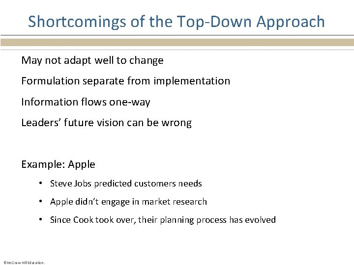 Shortcomings of the Top-Down Approach May not adapt well to change Formulation separate from