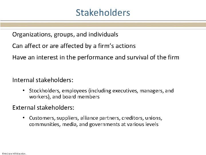 Stakeholders Organizations, groups, and individuals Can affect or are affected by a firm’s actions