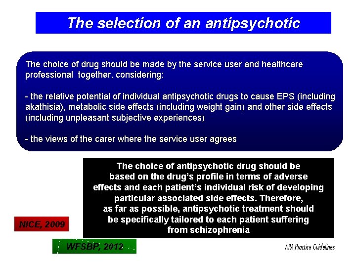 The selection of an antipsychotic medication The choice of drug should be made by