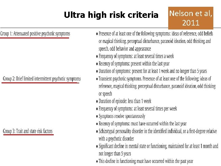 Ultra high risk criteria Nelson et al, 2011 