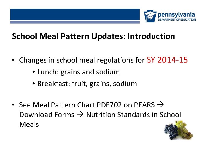 School Meal Pattern Updates: Introduction • Changes in school meal regulations for SY 2014