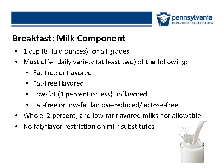 Breakfast: Milk Component • 1 cup (8 fluid ounces) for all grades • Must