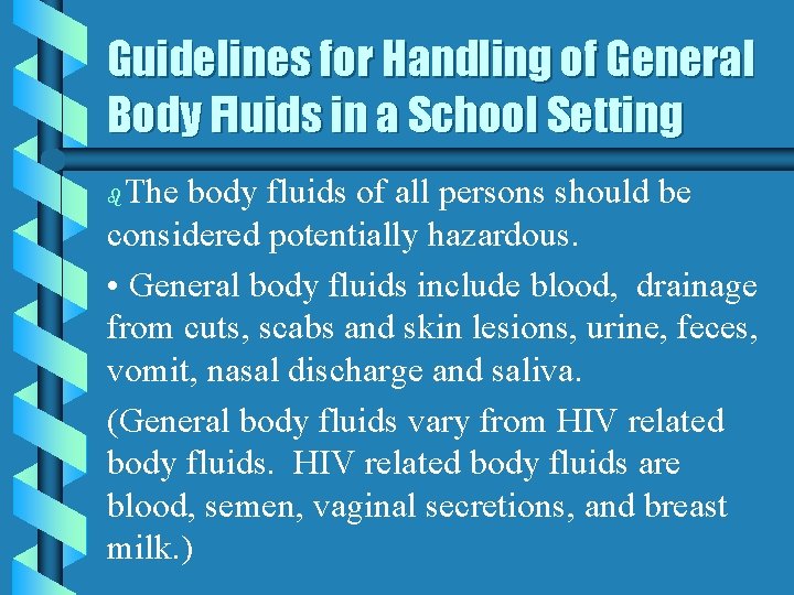 Guidelines for Handling of General Body Fluids in a School Setting The body fluids