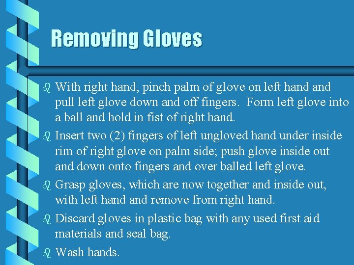Removing Gloves b b b With right hand, pinch palm of glove on left