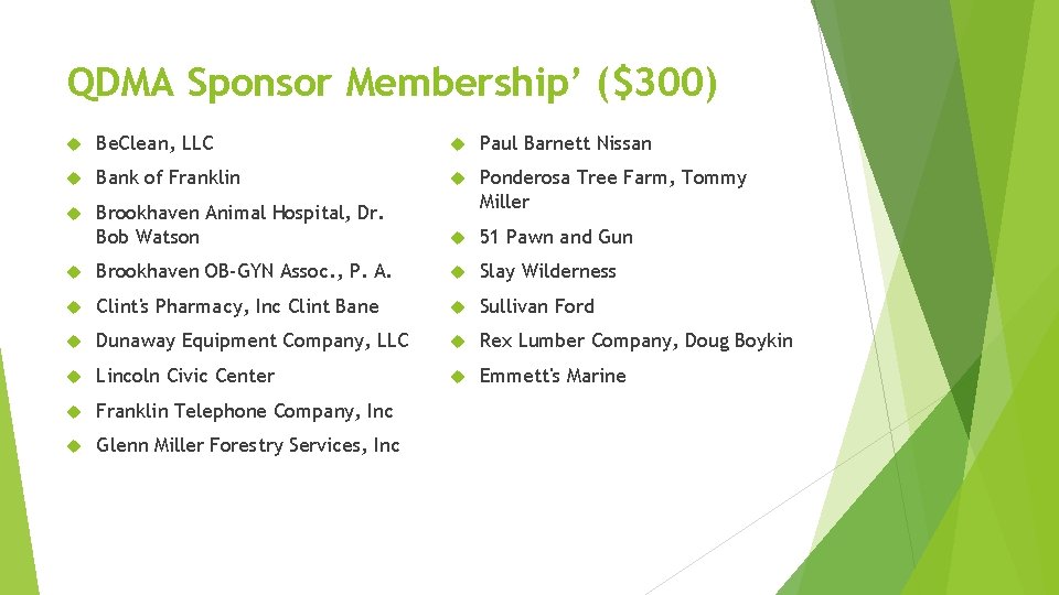 QDMA Sponsor Membership’ ($300) Be. Clean, LLC Paul Barnett Nissan Bank of Franklin Brookhaven QDMA Sponsor Membership’ ($300) Be. Clean, LLC Paul Barnett Nissan Bank of Franklin Brookhaven
