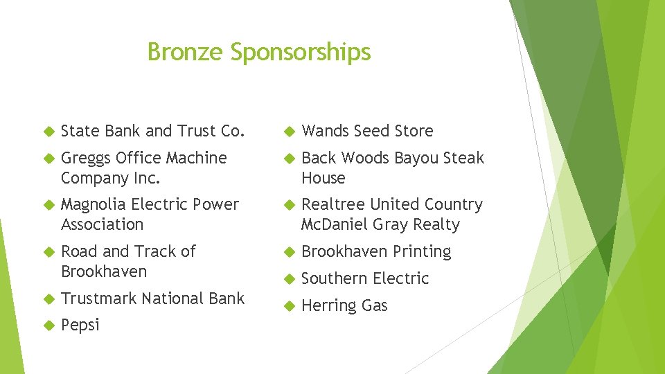 Bronze Sponsorships State Bank and Trust Co. Wands Seed Store Greggs Office Machine Company Bronze Sponsorships State Bank and Trust Co. Wands Seed Store Greggs Office Machine Company
