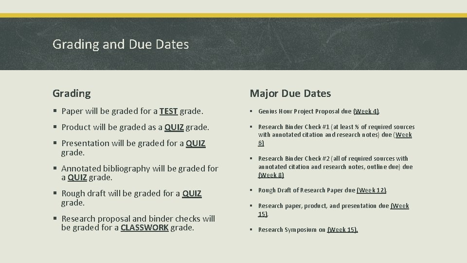 Grading and Due Dates Grading Major Due Dates § Paper will be graded for