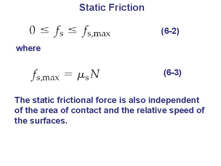 Static Friction (6 -2) where (6 -3) The static frictional force is also independent