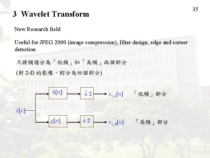 35 3 Wavelet Transform New Research field Useful for JPEG 2000 (image compression), filter