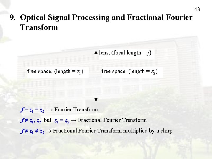 43 9. Optical Signal Processing and Fractional Fourier Transform lens, (focal length = f)