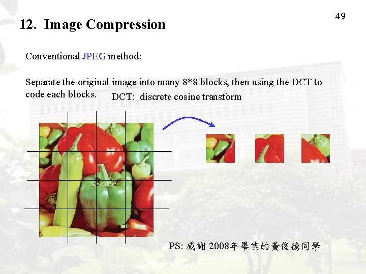 49 12. Image Compression Conventional JPEG method: Separate the original image into many 8*8