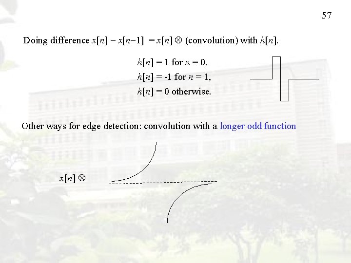 57 Doing difference x[n] x[n 1] = x[n] (convolution) with h[n] = 1 for