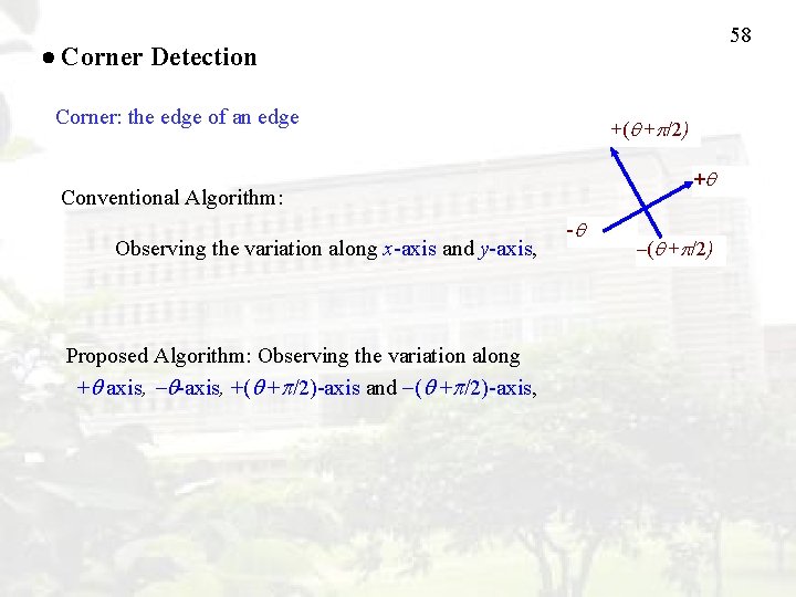 58 Corner Detection Corner: the edge of an edge +( + /2) + Conventional