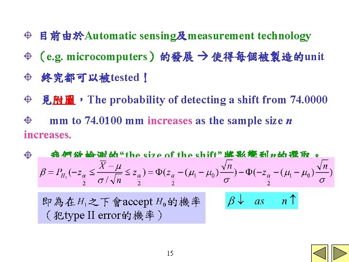 目前由於Automatic sensing及measurement technology （e. g. microcomputers）的發展 使得每個被製造的unit 終究都可以被tested！ 見附圖，The probability of detecting a shift