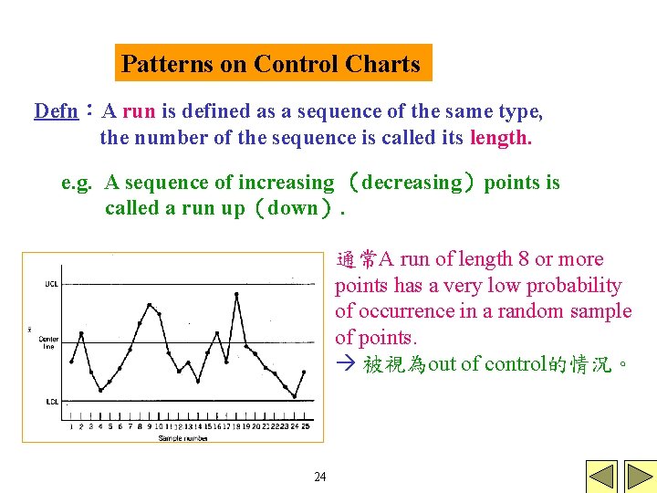 Patterns on Control Charts Defn：A run is defined as a sequence of the same