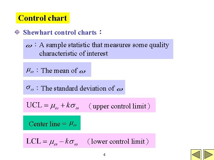 Control chart Shewhart control charts： ：A sample statistic that measures some quality characteristic of