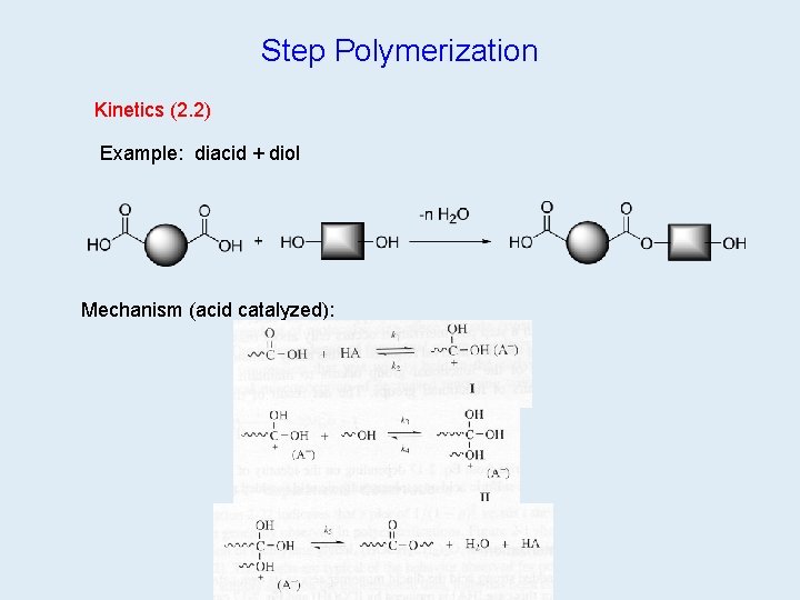 Step Polymerization Kinetics (2. 2) Example: diacid + diol Mechanism (acid catalyzed): 2 on