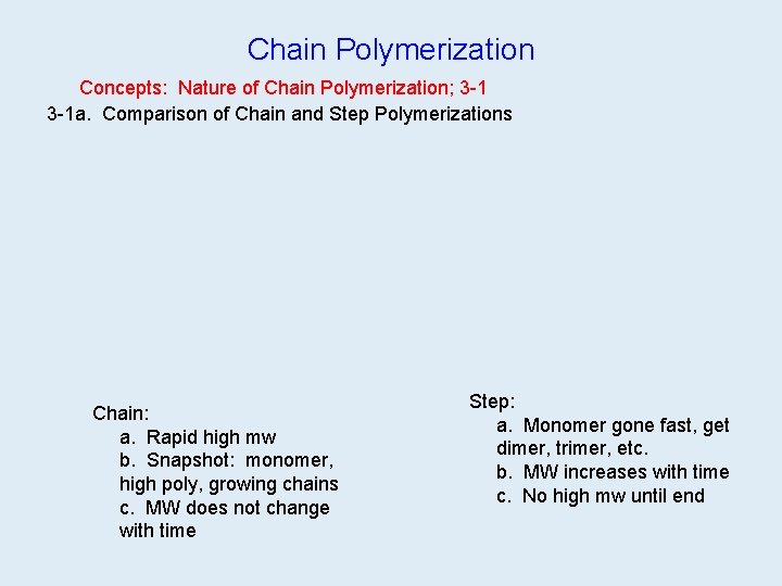 Chain Polymerization Concepts: Nature of Chain Polymerization; 3 -1 a. Comparison of Chain and