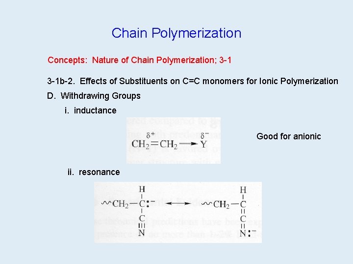 Chain Polymerization Concepts: Nature of Chain Polymerization; 3 -1 b-2. Effects of Substituents on