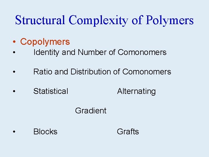 Structural Complexity of Polymers • Copolymers • Identity and Number of Comonomers • Ratio