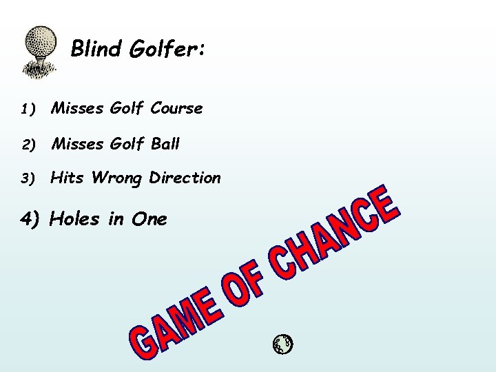 Blind Golfer: 1) Misses Golf Course 2) Misses Golf Ball 3) Hits Wrong Direction