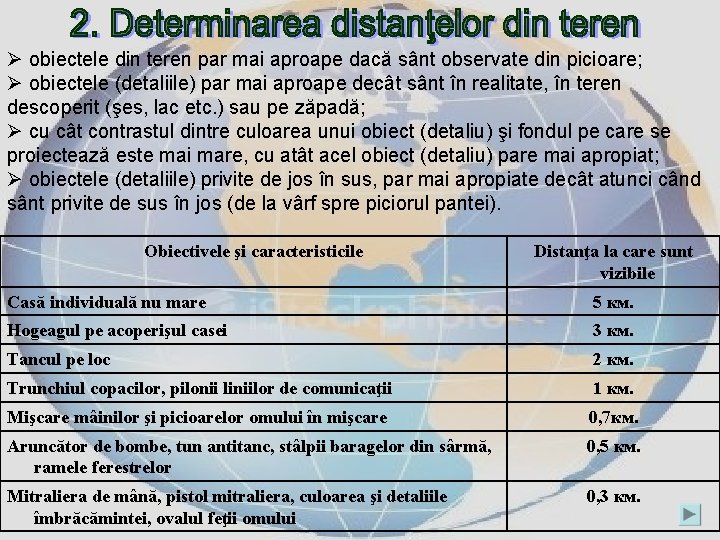 Ø obiectele din teren par mai aproape dacă sânt observate din picioare; Ø obiectele