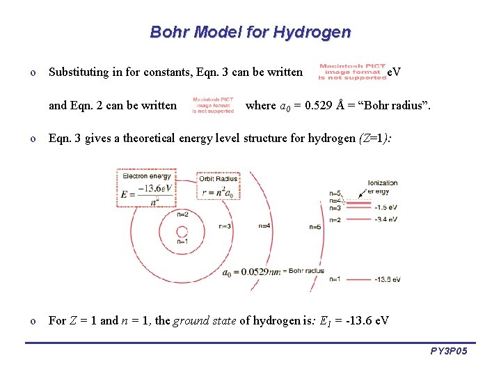 Bohr Model for Hydrogen o Substituting in for constants, Eqn. 3 can be written