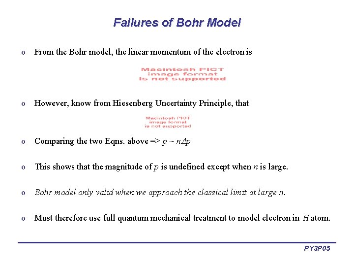 Failures of Bohr Model o From the Bohr model, the linear momentum of the