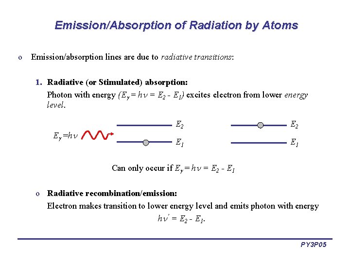 Emission/Absorption of Radiation by Atoms o Emission/absorption lines are due to radiative transitions: 1.