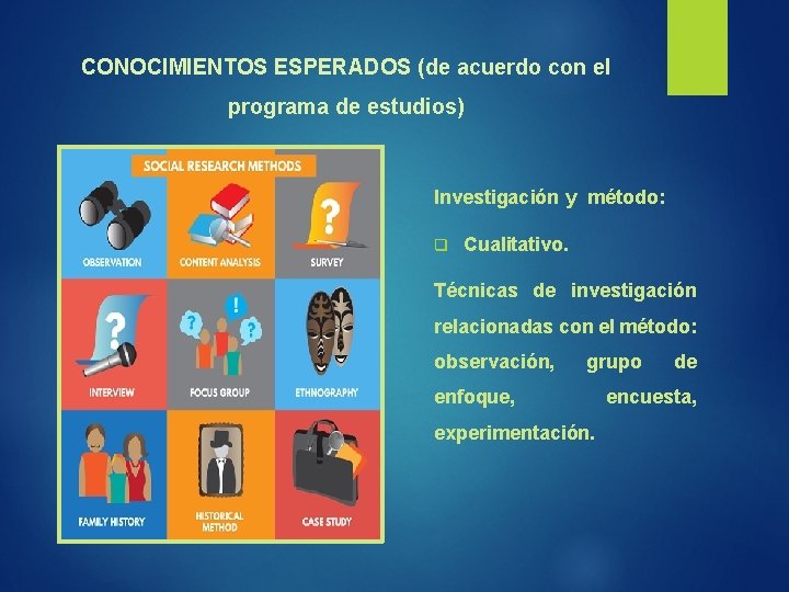 CONOCIMIENTOS ESPERADOS (de acuerdo con el programa de estudios) Investigación y método: q Cualitativo.