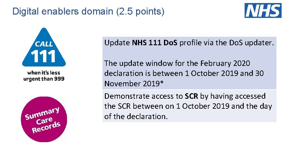 Digital enablers domain (2. 5 points) Update NHS 111 Do. S profile via the