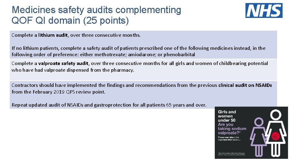 Medicines safety audits complementing QOF QI domain (25 points) Complete a lithium audit, over