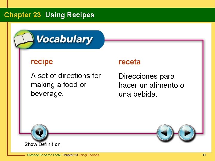 Chapter 23 Using Recipes recipe receta A set of directions for making a food