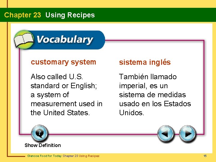 Chapter 23 Using Recipes customary system sistema inglés Also called U. S. standard or