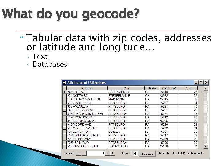 What do you geocode? Tabular data with zip codes, addresses or latitude and longitude…