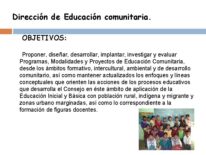 Dirección de Educación comunitaria. OBJETIVOS: Proponer, diseñar, desarrollar, implantar, investigar y evaluar Programas, Modalidades