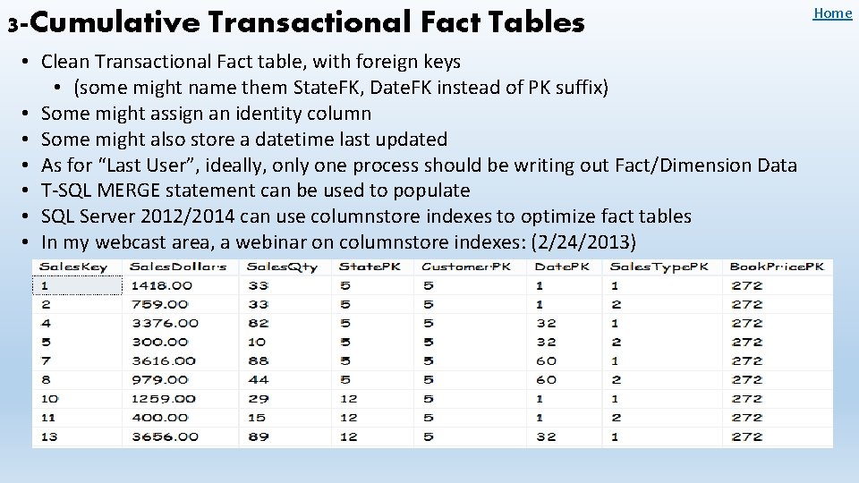 3 -Cumulative Transactional Fact Tables • Clean Transactional Fact table, with foreign keys •