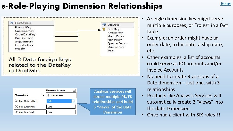 8 -Role-Playing Dimension Relationships Analysis Services will detect multiple PK/FK relationships and build 3