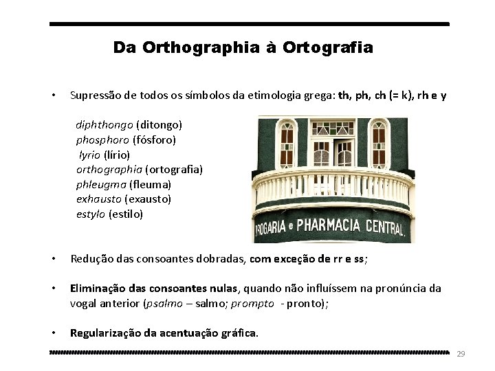 Da Orthographia à Ortografia • Supressão de todos os símbolos da etimologia grega: th,