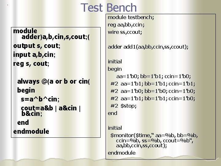 Test Bench module adder)a, b, cin, s, cout; ( output s, cout; input a,