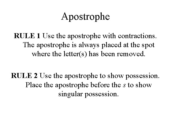 Apostrophe RULE 1 Use the apostrophe with contractions. The apostrophe is always placed at