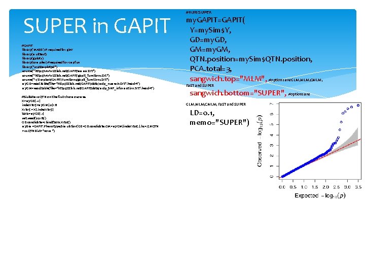 SUPER in GAPIT #GAPIT library('MASS') # required for ginv library(multtest) library(gplots) library(compiler) #required for