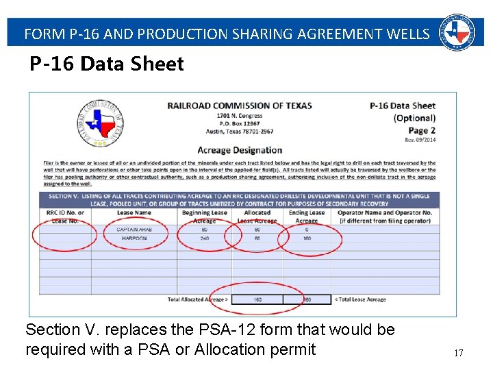 FORM P-16 AND PRODUCTION SHARING AGREEMENT WELLS P-16 Data Sheet Section V. replaces the