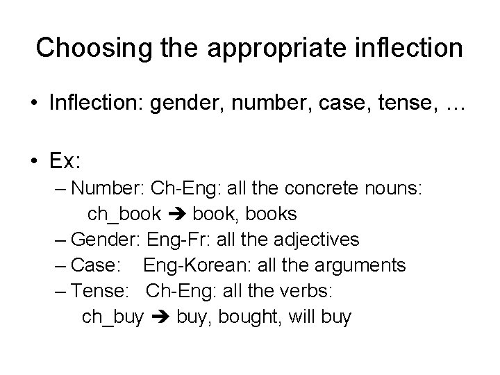 Choosing the appropriate inflection • Inflection: gender, number, case, tense, … • Ex: –